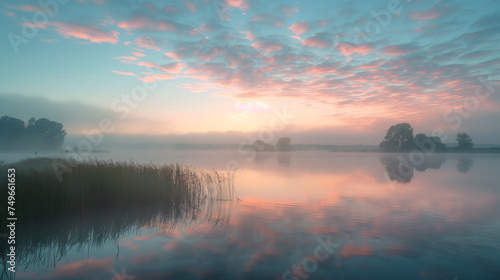 Tranquil Dawn Over a Misty Lake with Pastel Sky