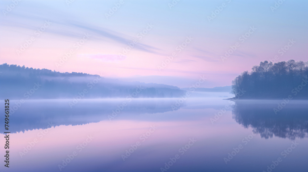 Soft Pastel Sunrise Over a Mist-Enshrouded Lake