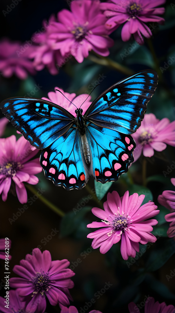 Vibrant Blue Butterfly Bathing in Morning Sunlight on a Pink Flower – A Majestic Example of Mother Nature's Artistry