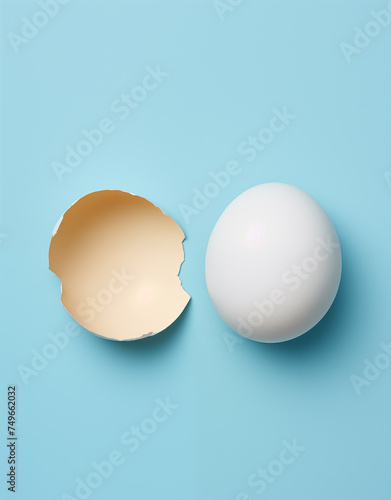 An empty eggshell offering imaginative space on a pastel blue setting, encapsulating a minimalistic concept for the Easter holiday.