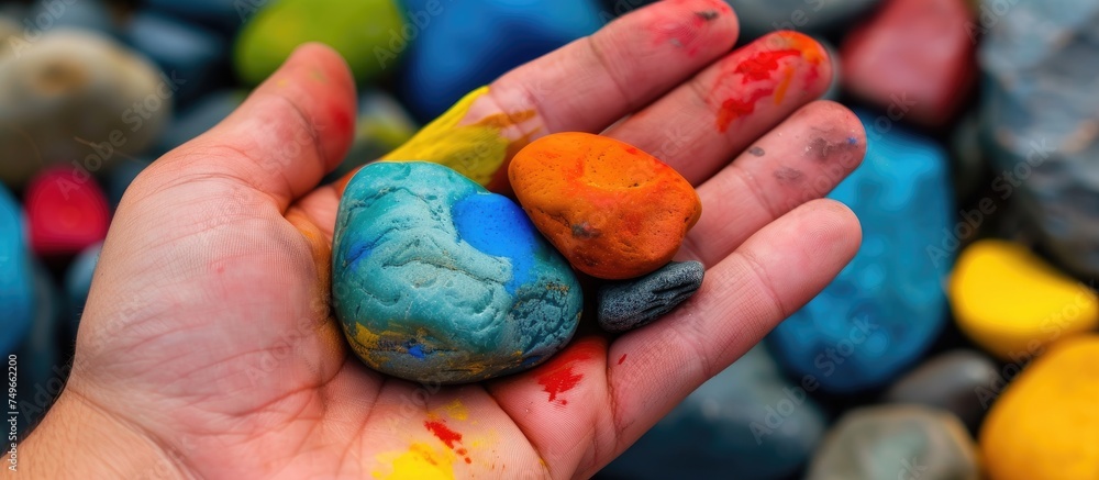 A hand is shown holding three rocks, each rock displaying a different vibrant color. The rocks are varying in size and texture, creating a visually striking composition. A hand is shown holding three rocks, each rock displaying a different vibrant color. The rocks are varying in size and texture, creating a visually striking composition.