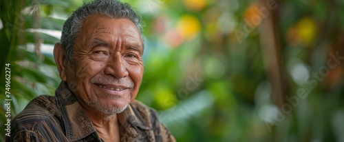Joyful senior Latin man with a warm smile amidst lush green foliage, radiating wisdom and tranquility.