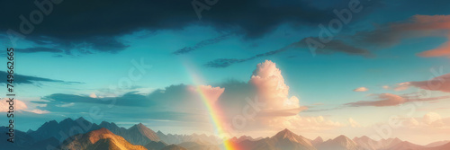 mountainous horizon in the afternoon, with clouds and rainbow