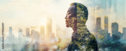 Senior black-haired man with a confident gaze, double exposure of cityscape and green foliage, embodying leadership and harmony with nature.