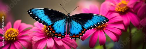 Vibrant Blue Butterfly Bathing in Morning Sunlight on a Pink Flower – A Majestic Example of Mother Nature's Artistry