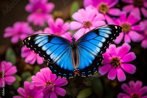 Vibrant Blue Butterfly Bathing in Morning Sunlight on a Pink Flower – A Majestic Example of Mother Nature's Artistry © Olive