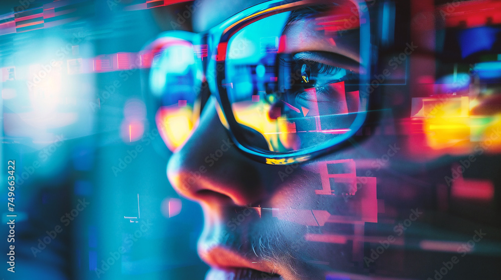 Double exposure of a man wearing glasses and looking at digital screen Double exposure of a man wearing glasses and looking at digital screen