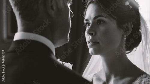 Beautiful bride and groom in their wedding day. Black and white photo.