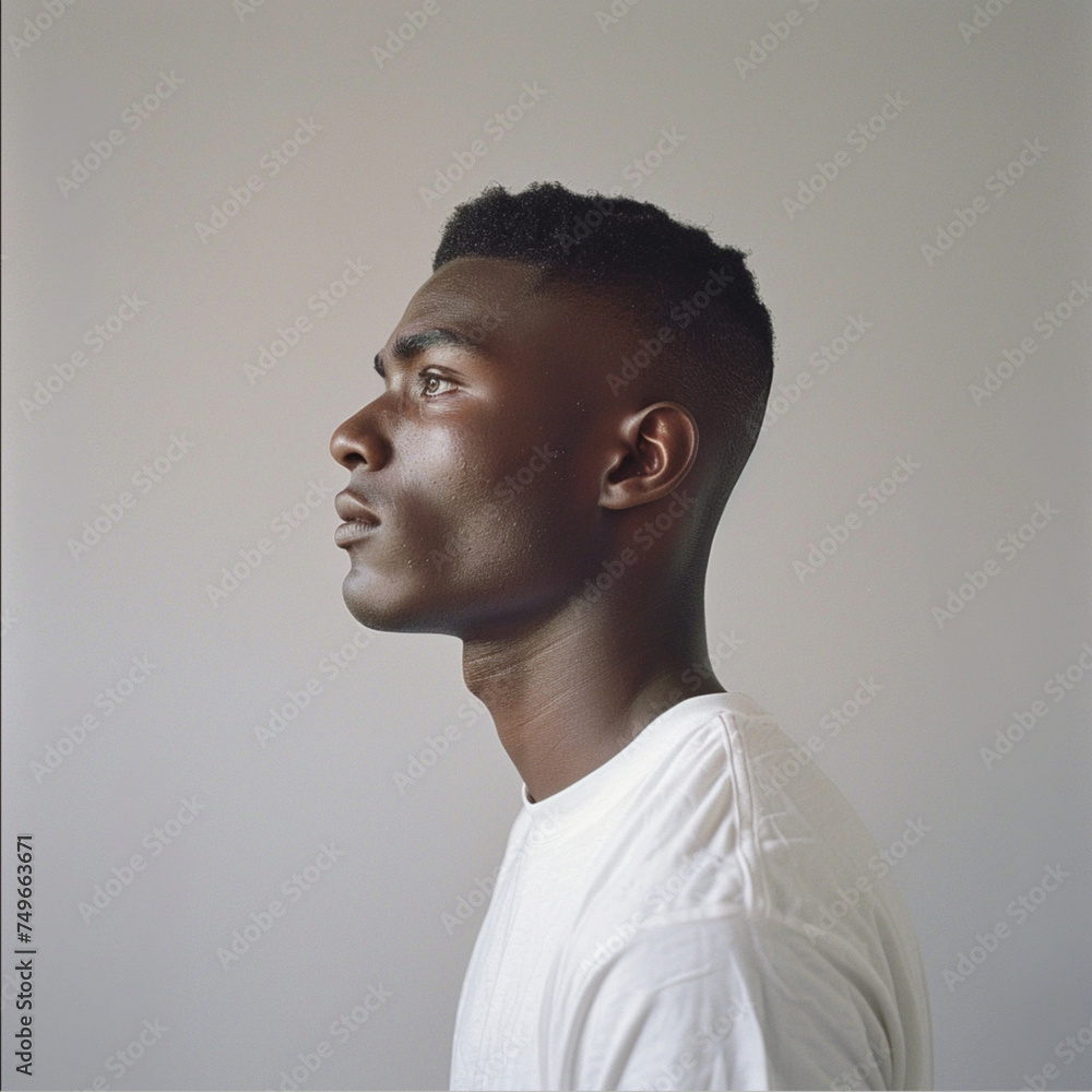 photo of a black male model standing with a white shirt and short hair in a professional photography studio with a light gray background, half body photo of a black male model standing with a white shirt and short hair in a professional photography studio with a light gray background, half body