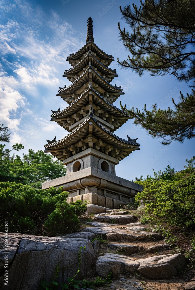 Stone pagoda in the park, with blue sky and white clouds