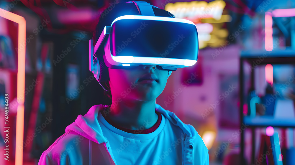 Boy wearing virtual reality glasses, VR technology and futuristic world