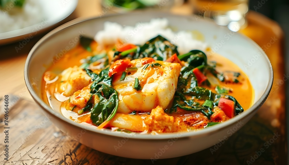 Red curry with spinach, coconut milk and baked fish Red curry with spinach, coconut milk and baked fish