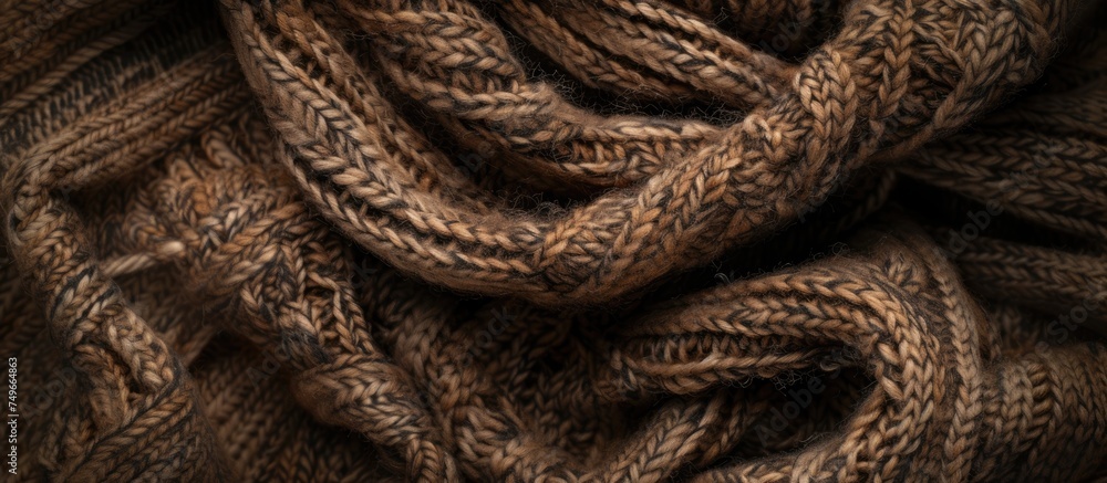 Fototapeta premium A close-up shot showcasing a pile of yarn, displaying the various colors, textures, and thicknesses of the yarn strands. The image highlights the tangled and intertwined nature of the yarn.