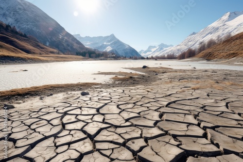 A panoramic view of a dried-up lakebed, revealing intricate patterns in the cracked soil, set against a dramatic mountain backdrop under the bright sun.