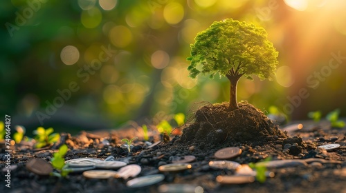tree growing of accumulating wealth coin money investment overtime and building retirement or capital assets portfolio , success in business and startups or income of trading and dividend stock market photo