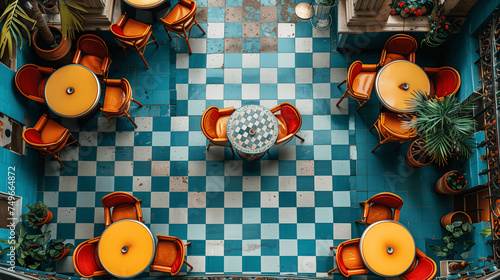 Overhead View of Eclectic Café Terrace with Checkerboard Floor and Orange Chairs