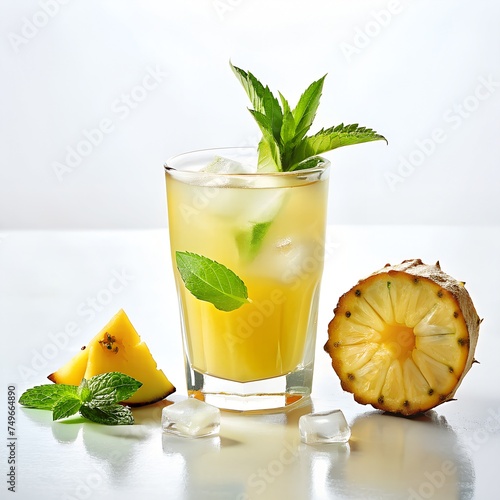 pineapple freshly squeezed juice in a glass cup with ice. The drink is isolated on a white background.