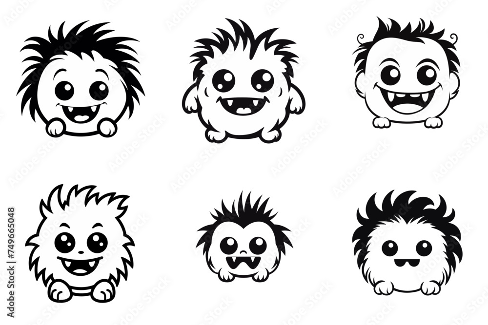 set of cute monster fluffy cartoon black and white vector illustration isolated transparent background logo, cut out or cutout t-shirt print design, poster, baby products, packaging design