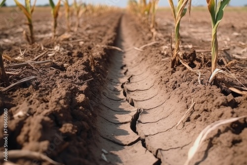 A detailed perspective of a parched furrow between rows of struggling corn plants. Desiccated Furrow in Cornfield