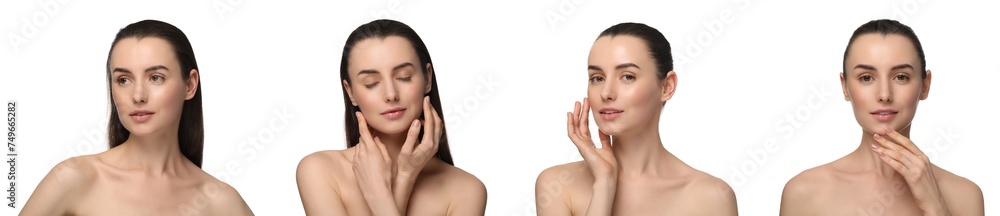 Beautiful woman with perfect smooth skin on white background, collage of photos Beautiful woman with perfect smooth skin on white background, collage of photos