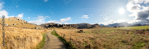 Castle Hill Landscape with Limestone Boulders in Arthur's Pass National Park, Canterbury, New Zealand photo