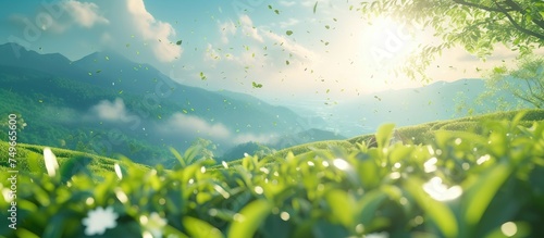 A vibrant green field with a single tree standing tall, set against a backdrop of majestic mountains. The sun shines on the leaves, creating a picturesque scene of natural beauty.