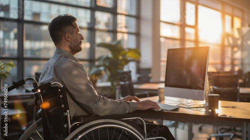 Disabled Businessman Sitting In Wheelchair Using Computer At Workplace, disabled man in a wheelchair