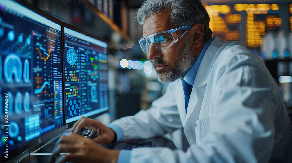 Advanced Medical Science Laboratory: Medical Scientist Working on Personal Computer with Screen Showing Virus Analysis Software User Interface. Scientists Developing Vaccine, Drugs and Antibiotics Advanced Medical Science Laboratory: Medical Scientist Working on Personal Computer with Screen Showing Virus Analysis Software User Interface. Scientists Developing Vaccine, Drugs and Antibiotics