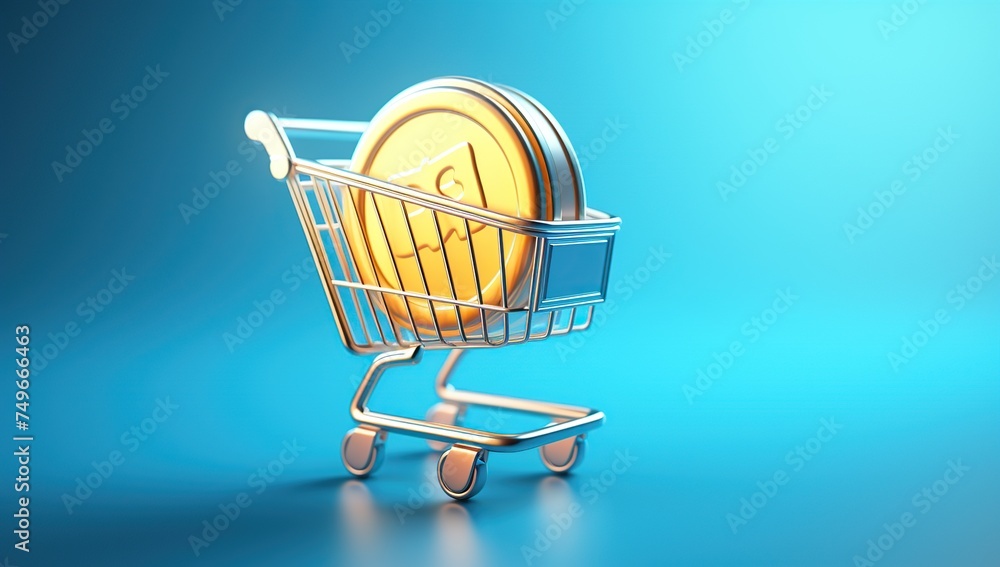 Shopping cart with golden coin on blue background. E-Commerce