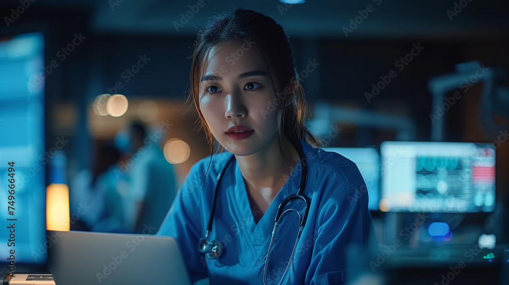Asian Doctor on a laptop in night healthcare, planning research or surgery teamwork in wellness hospital. Talking, thinking, or medical women on technology for collaboration help or life insurance app Asian Doctor on a laptop in night healthcare, planning research or surgery teamwork in wellness hospital. Talking, thinking, or medical women on technology for collaboration help or life insurance app