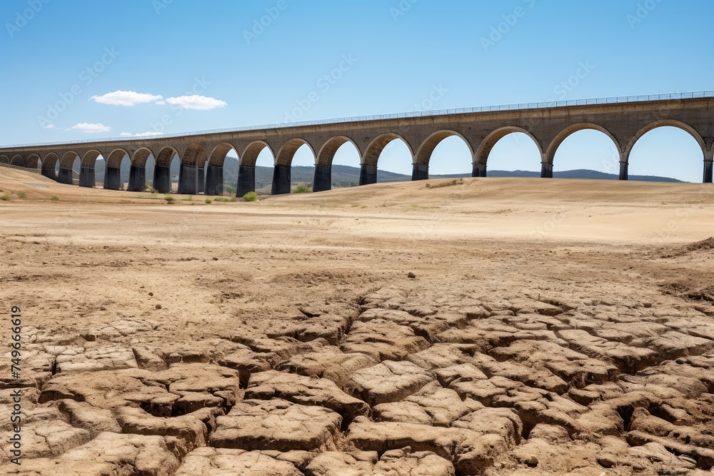 Ancient viaduct standing over a parched riverbed landscape. Viaduct Over Dry Riverbed