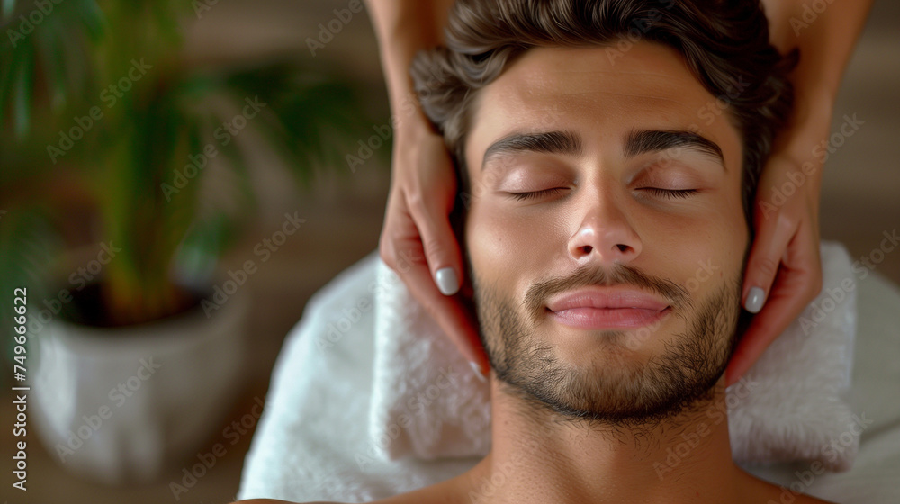 young man getting a massage in a Spa salon, male getting a massage from a woman, close up of head young man getting a massage in a Spa salon, male getting a massage from a woman, close up of head