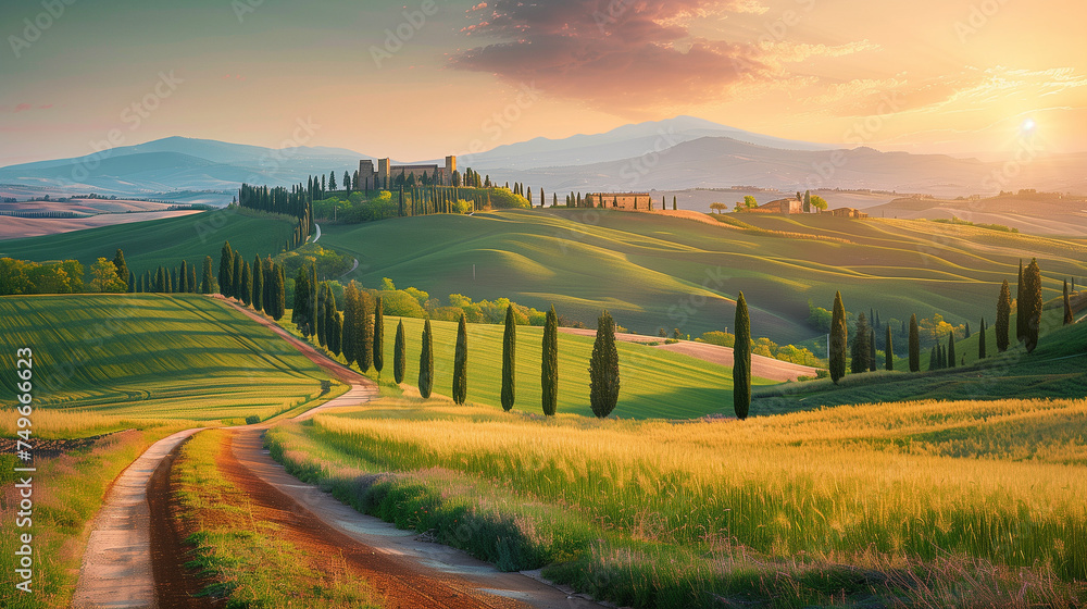 Toscane landscape Italy at sunset, Well known Tuscany landscape with grain fields, cypress trees and houses on the hills at sunset. Summer rural landscape with curved road in Tuscany, Italy, Europe - obrazy, fototapety, plakaty 