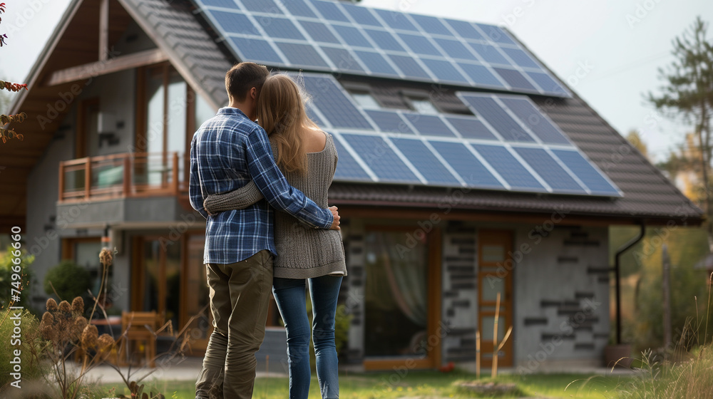 Rear View Of Couple Standing In Front Of Their House, modern home with solar panels