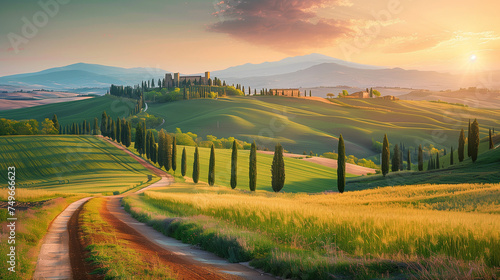 Toscane landscape Italy at sunset, Well known Tuscany landscape with grain fields, cypress trees and houses on the hills at sunset. Summer rural landscape with curved road in Tuscany, Italy, Europe photo