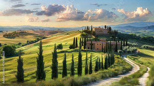 Toscane Landscape Italy, road leading to a farm, curved road in Tuscany photo