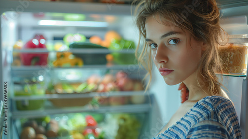 : a hungry female opens the fridge, a Close-up Of a Young Woman Searching For Food In The Fridge