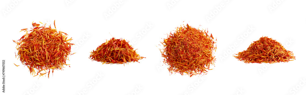 Naklejka premium Piles of aromatic saffron isolated on white, set