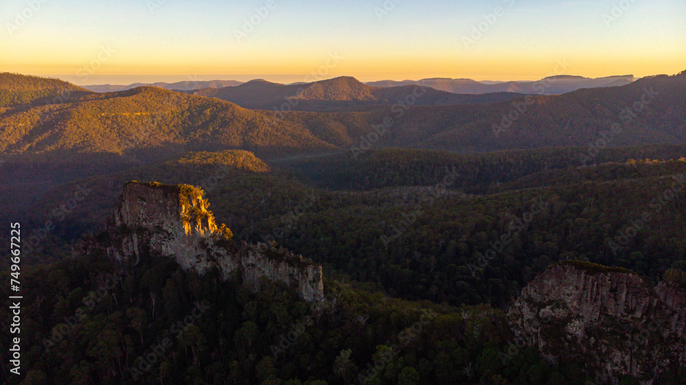 aerial panorama of mountains in main range national park, queensland, australia; famous rocky mountains - the steamers near mount superbus
