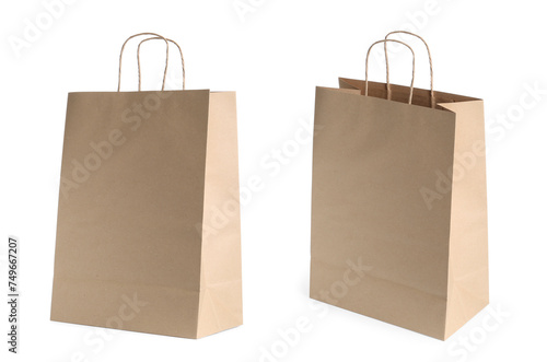 Kraft paper bags with handles isolated on white
