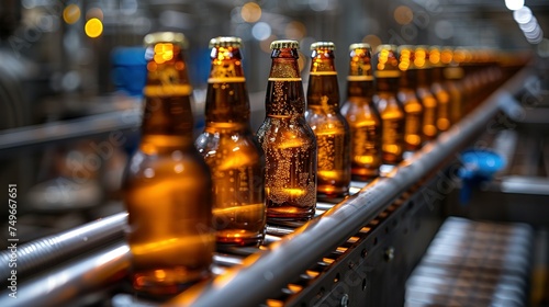 Banner Beer brewery conveyor. Brown glass alcohol bottles move on production line  modern equipment industrial drink with copy space