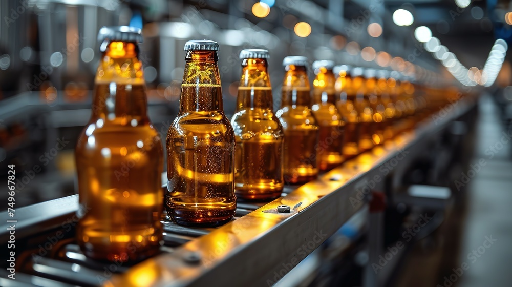 Banner Beer brewery conveyor. Brown glass alcohol bottles move on production line, modern equipment industrial drink with copy space Banner Beer brewery conveyor. Brown glass alcohol bottles move on production line, modern equipment industrial drink with copy space