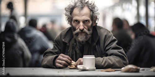 homeless person in a social canteen, homeless man eating, helping disadvantaged people