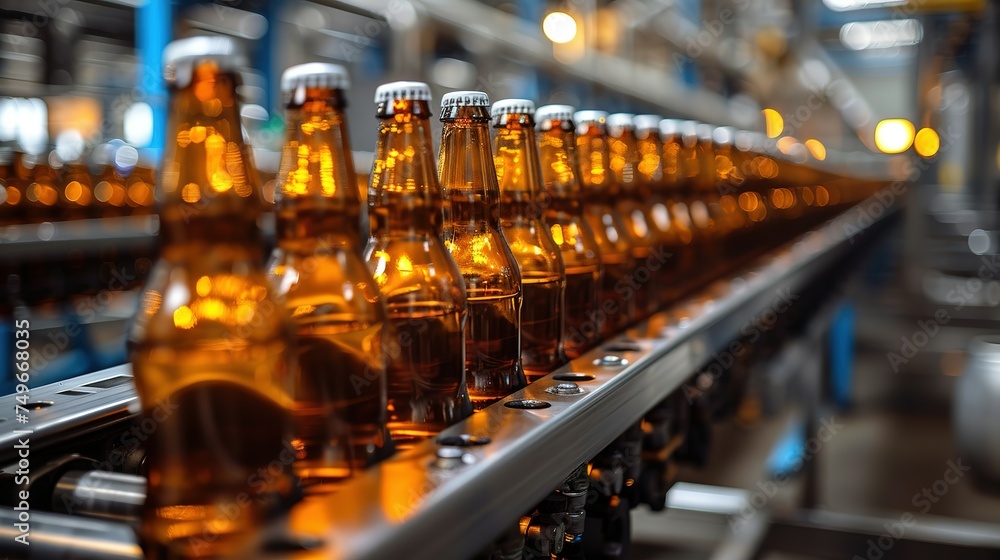 Banner Beer brewery conveyor. Brown glass alcohol bottles move on production line, modern equipment industrial drink with copy space Banner Beer brewery conveyor. Brown glass alcohol bottles move on production line, modern equipment industrial drink with copy space