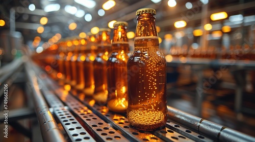 Banner Beer brewery conveyor. Brown glass alcohol bottles move on production line  modern equipment industrial drink with copy space