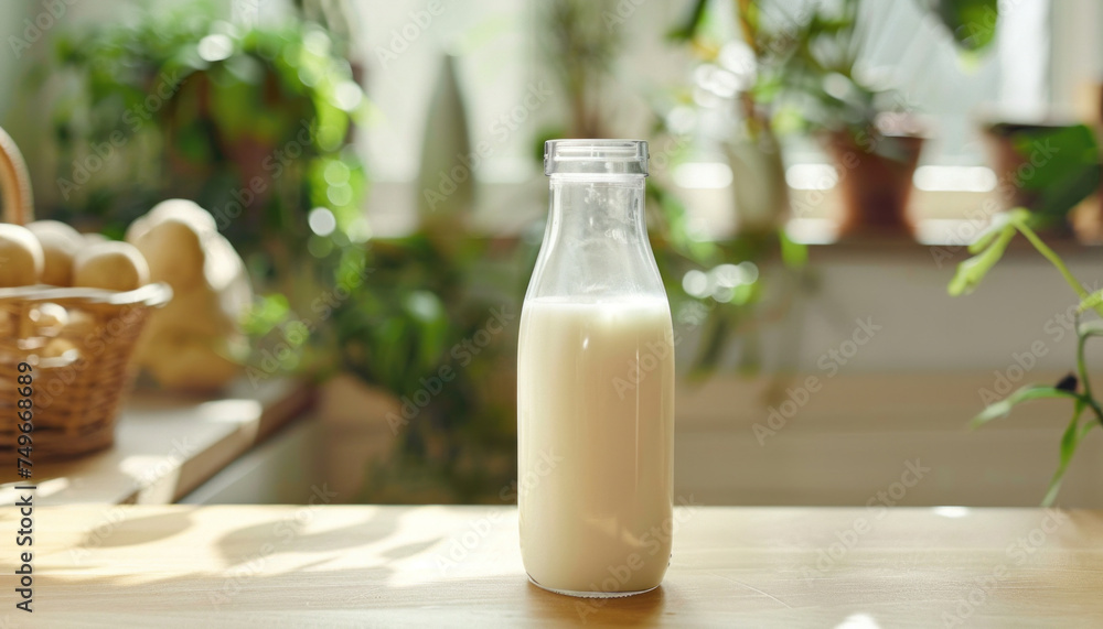 Lifestyle photo of potato milk, vegan potato milk in a glass and potatoes on a brown kitchen background, plant based milk, vegan food Lifestyle photo of potato milk, vegan potato milk in a glass and potatoes on a brown kitchen background, plant based milk, vegan food
