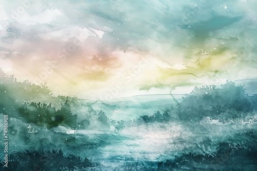 Dreamy watercolor landscape of a misty forest at dawn, blending nature's tranquility with artistic flair.