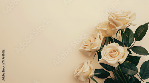 yellow bouquet of roses on side of a pastel colored light vanilla background with empty space on the left