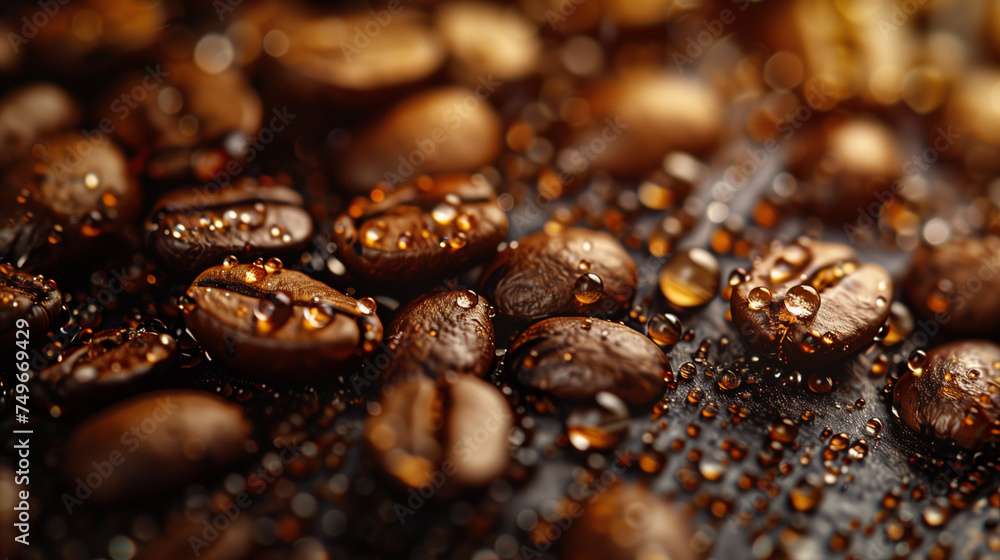 Macro shot of dark roasted coffee beans with fresh water droplets, highlighting the texture and richness. Macro shot of dark roasted coffee beans with fresh water droplets, highlighting the texture and richness.