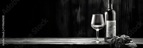 Black and White Vinous Bliss - Wine Bottle and Glass in a Rustic Setting photo